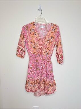 M2 Wade & Walker Pink Floral‎ Boho V-Neck Mini Dress Cottagecore Romantic XS